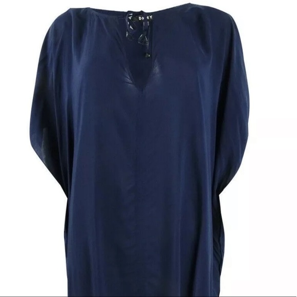 Dkny NAVY Chiffon Pom-Pom Caftan Swim Top Cover-up, US Large/X-Large - Picture 2 of 6